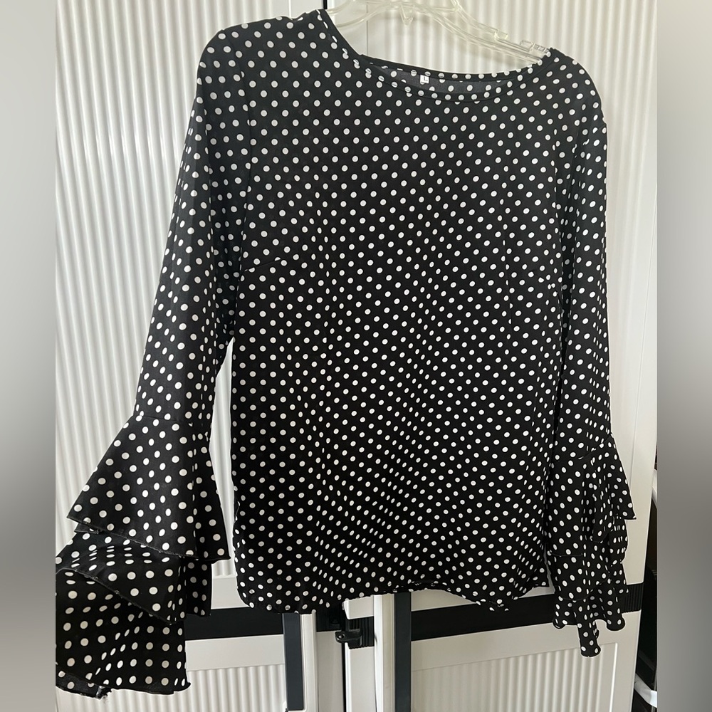 Polka Dot Ruffle Sleeve Top - Black and White